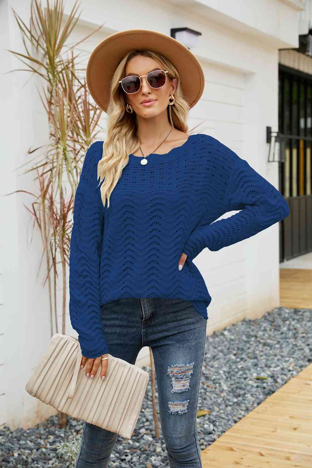 Woven Right Scalloped Boat Neck Openwork Tunic Sweater Blue