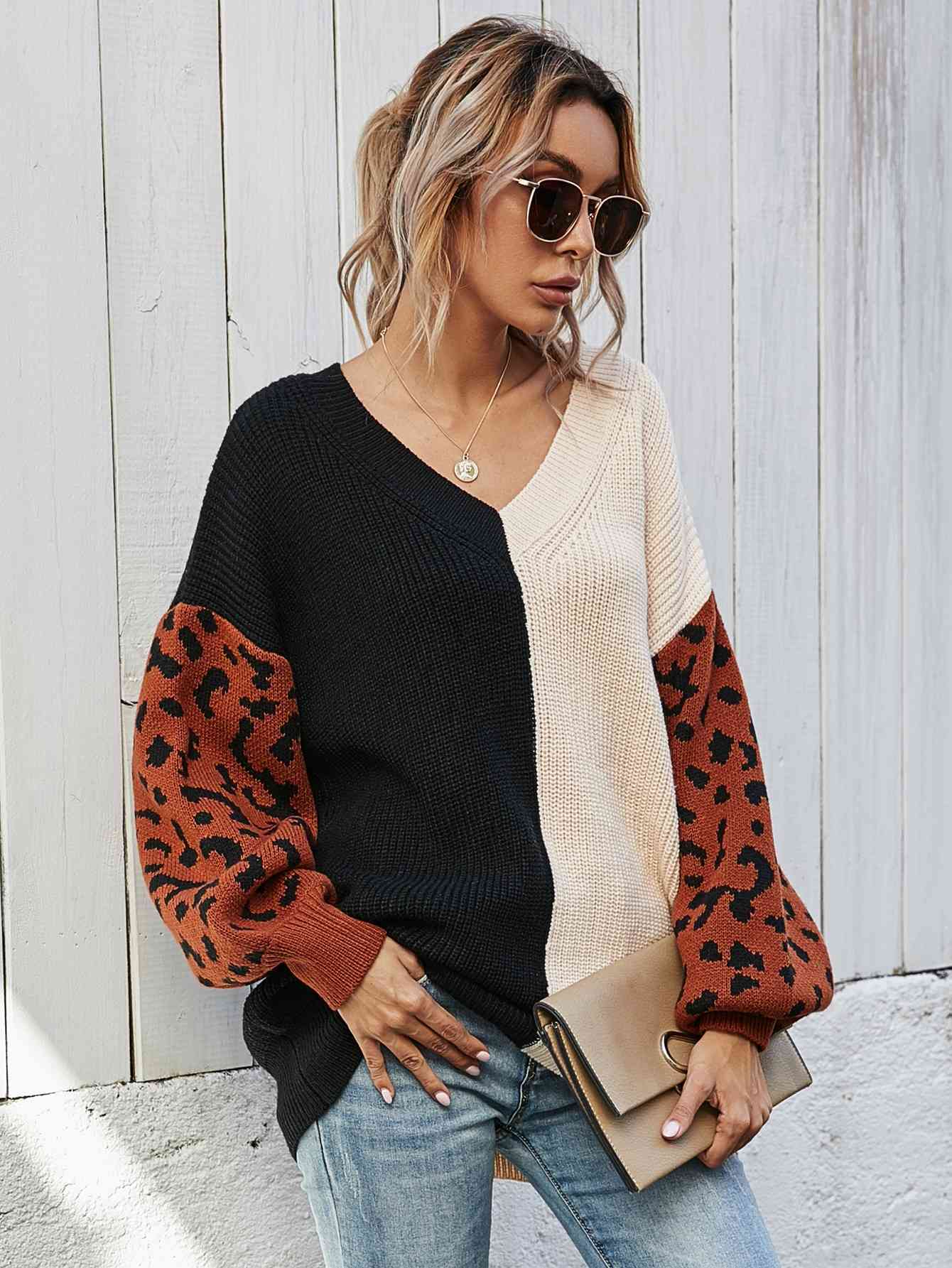Woven Right Leopard Color Block V-Neck Tunic Pullover Sweater Black/Beige