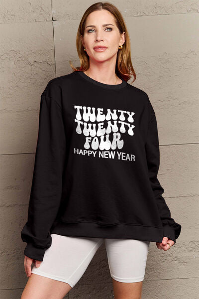 Simply Love Full Size TWENTY TWENTY FOUR HAPPY NEW YEAR Dropped Shoulder Sweatshirt Black