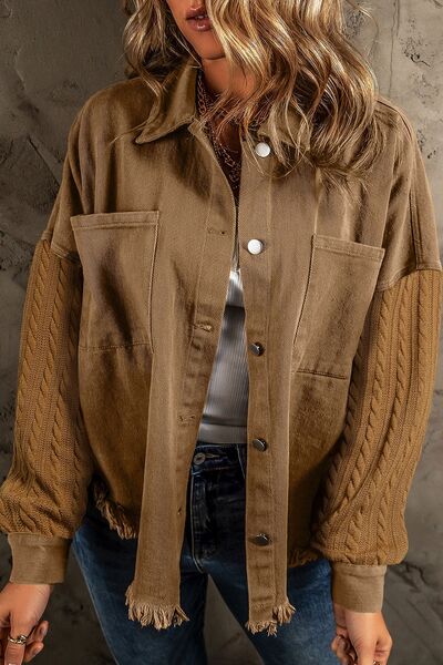 Pocketed Button Up Raw Hem Denim Jacket Camel