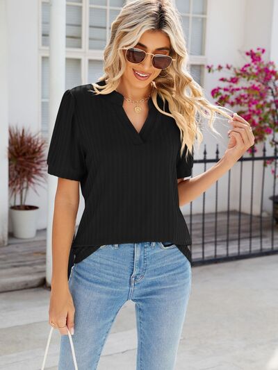 Texture Notched Short Sleeve Blouse Black