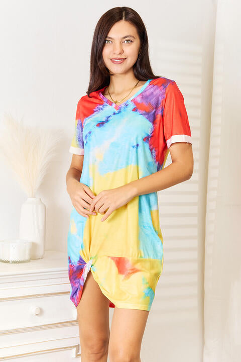 Double Take Tie-Dye V-Neck Twisted Dress Multicolor