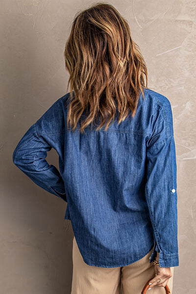 Pocketed Button Up Collared Neck Denim Top