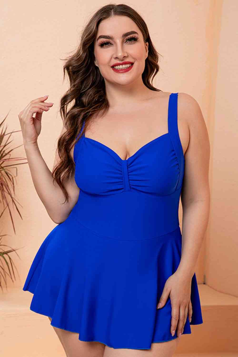 Full Size Gathered Detail Swim Dress Blue