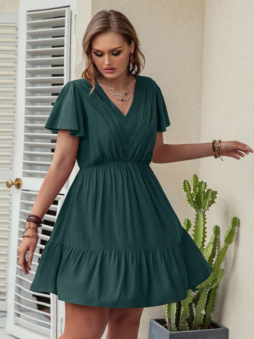 Double Take Plus Size Ruffle Hem V-Neck Short Sleeve Dress Green