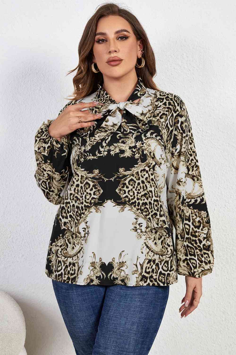 Melo Apparel Plus Size Printed Tie Neck Long Sleeve Blouse Black