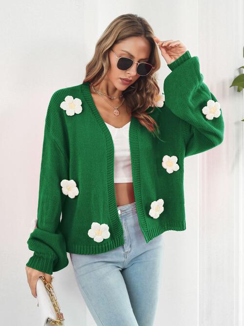 Floral Open Front Long Sleeve Cardigan Green