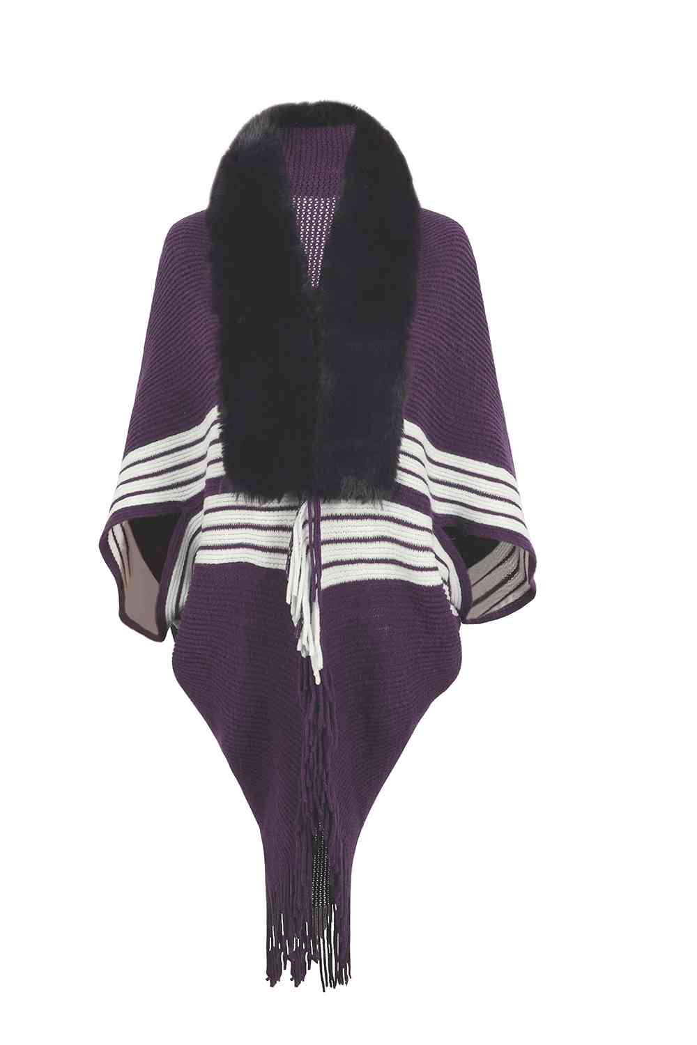 Striped Fringe Detail Long Sleeve Poncho Violet One Size