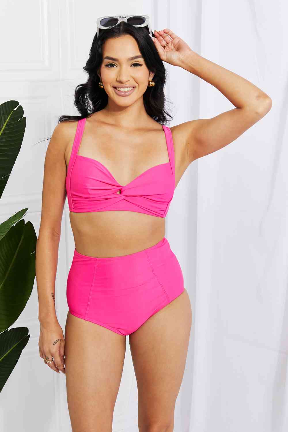 Marina West Swim Take A Dip Twist High-Rise Bikini in Pink Hot Pink