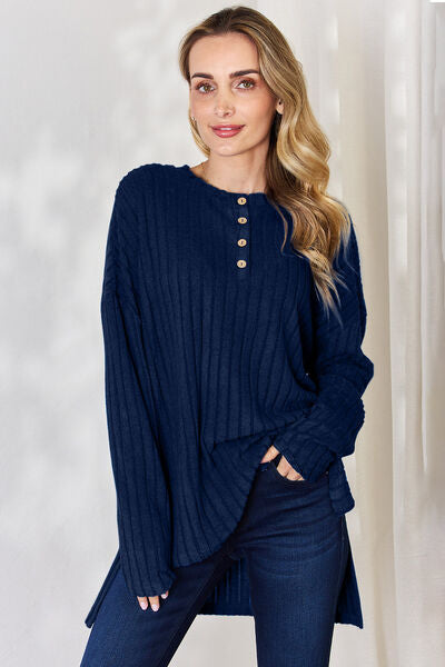 Basic Bae Full Size Ribbed Half Button Long Sleeve High-Low T-Shirt Peacock Blue