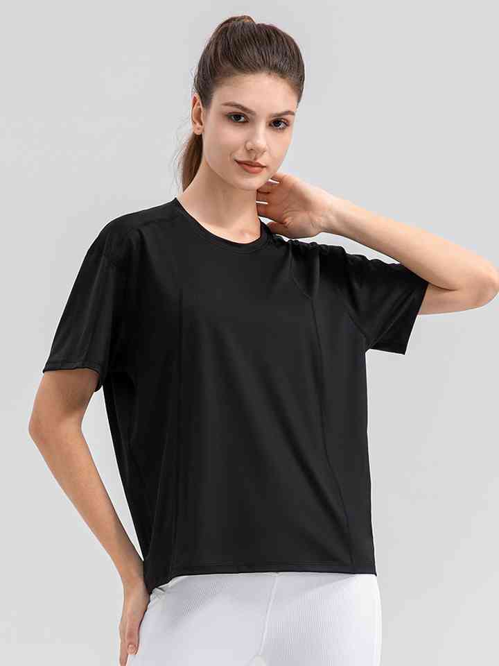 Round Neck Short Sleeve Active Top Black