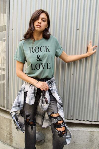 Simply Love Full Size ROCK ＆ LOVE Short Sleeve T-Shirt Sage