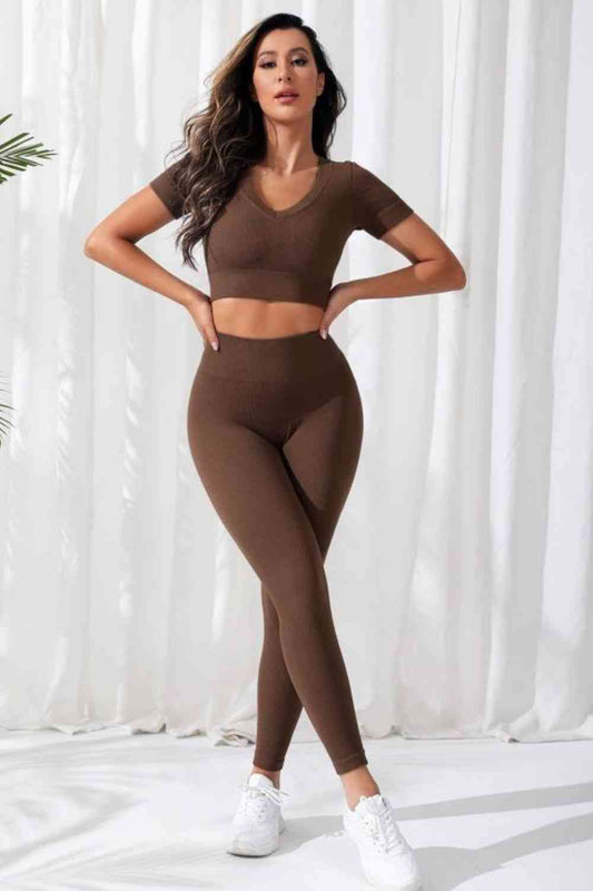 V-Neck Crop Top and High Waistband Long Active Pants Chocolate