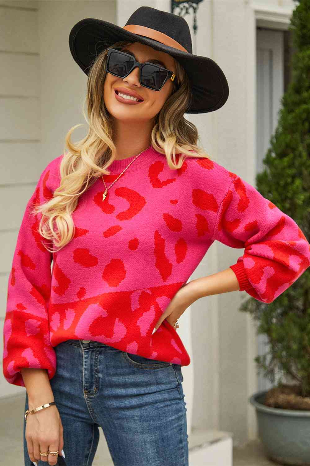 Woven Right Leopard Round Neck Dropped Shoulder Sweater Strawberry