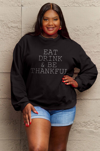 Simply Love Full Size EAT DRINK & BE THANKFUL Round Neck Sweatshirt Black