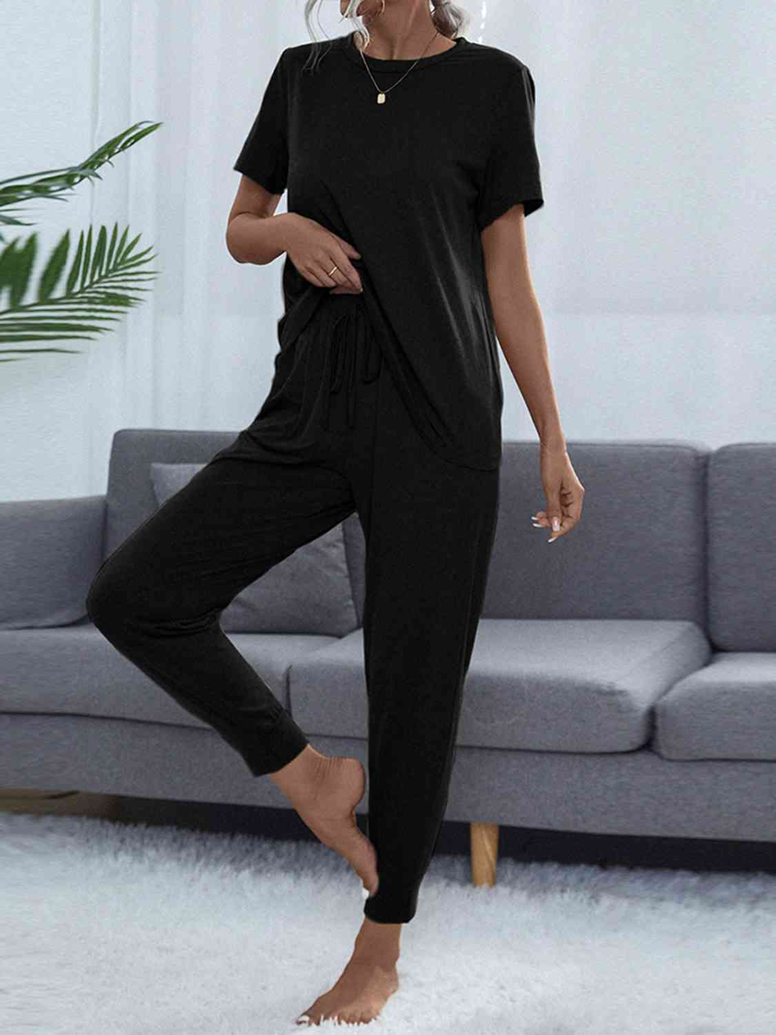 Round Neck Short Sleeve Top and Pants Set Black