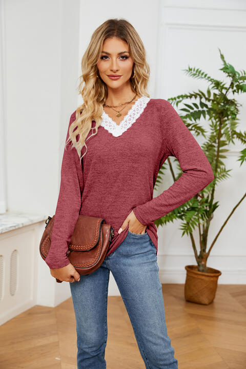 Lace Detailed V Neck Top Wine