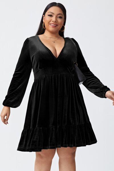 Plus Size Plunge Long Sleeve Mini Dress Black