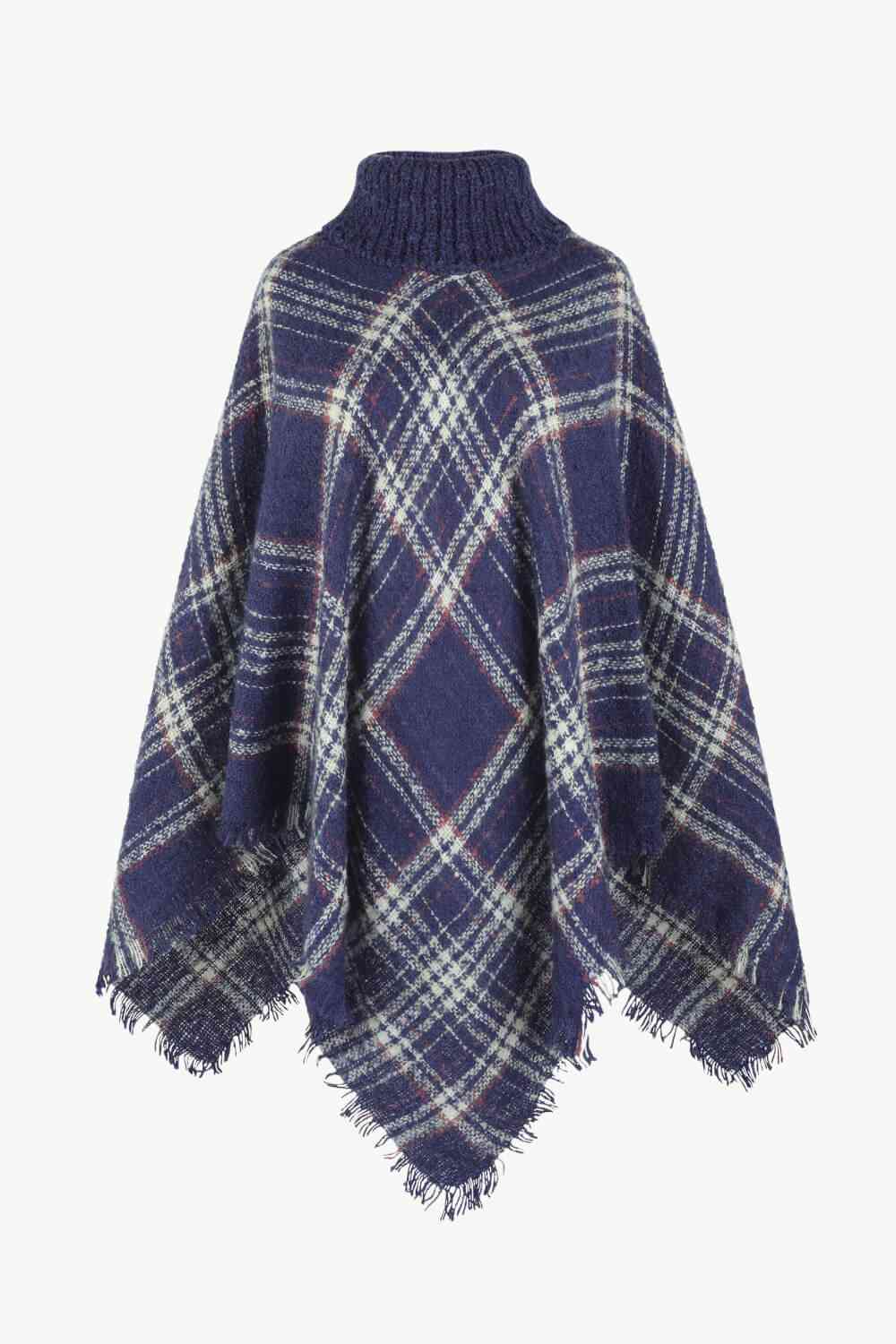 Plaid Turtleneck Fringe Hem Poncho Navy One Size