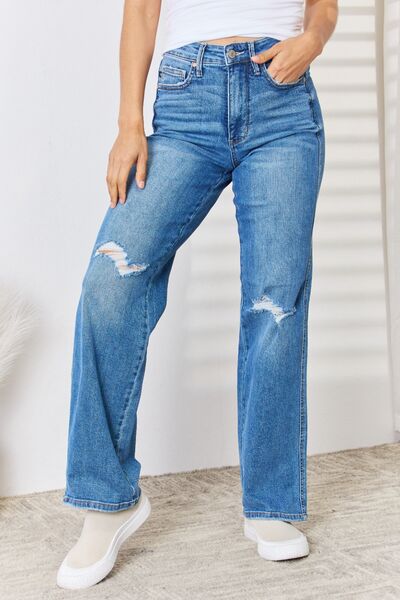 Judy Blue Full Size High Waist Distressed Straight-Leg Jeans Medium