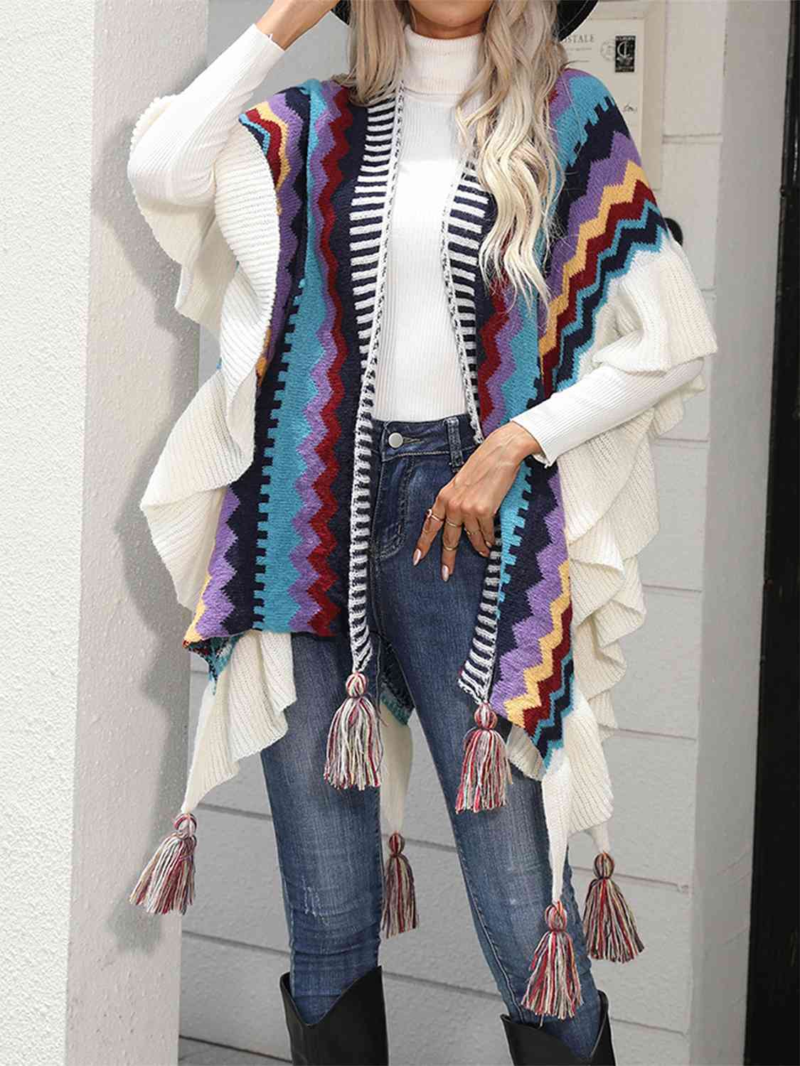 Striped Open Front Poncho with Tassels Multicolor