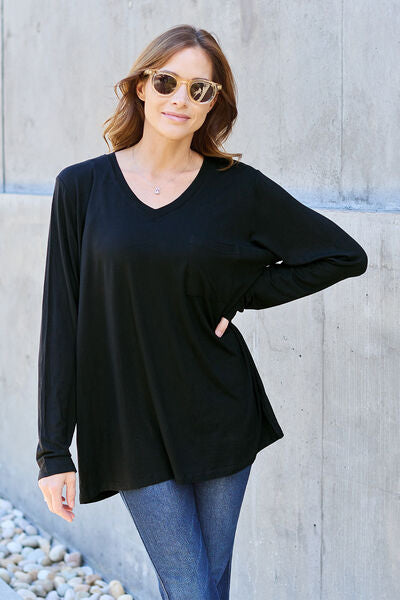 Basic Bae Full Size V-Neck Long Sleeve Top Black