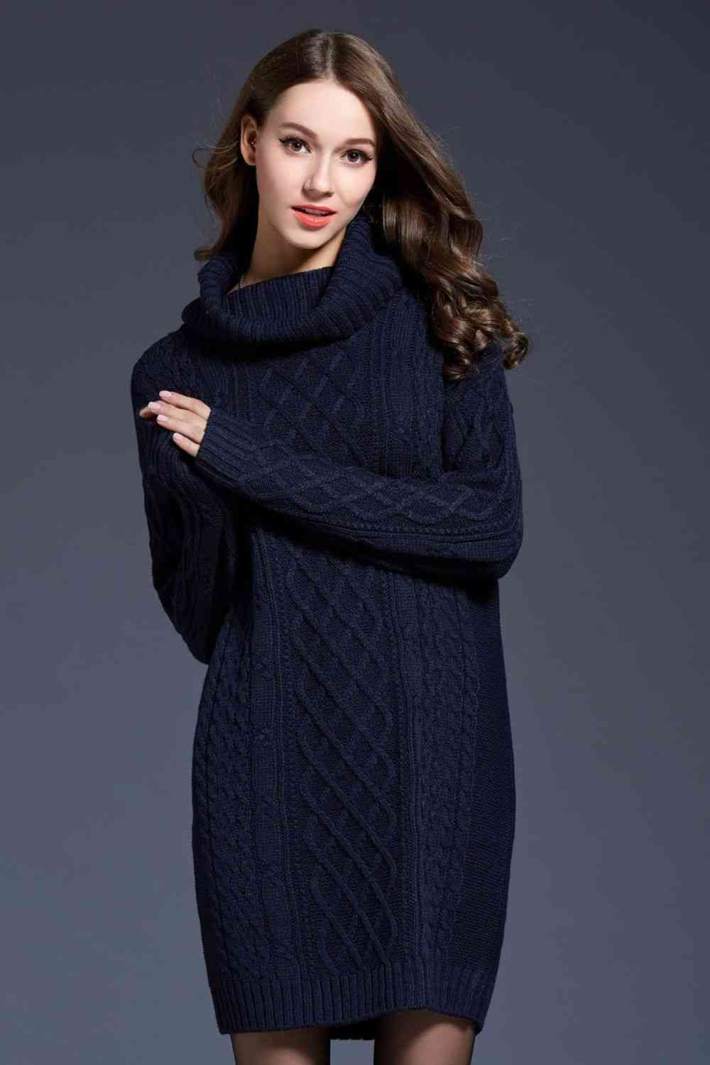 Woven Right Full Size Mixed Knit Cowl Neck Dropped Shoulder Sweater Dress Navy