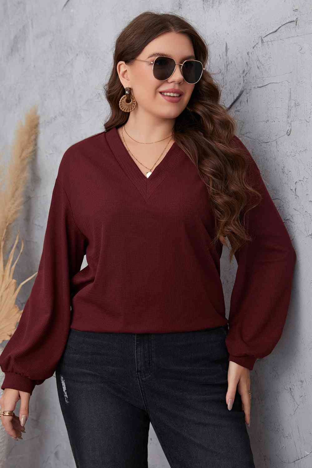 Melo Apparel Plus Size V-Neck Dropped Shoulder Blouse Wine