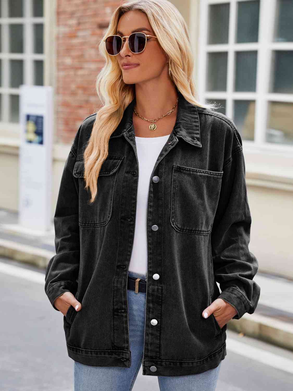 Button Up Denim Jacket with Pockets Black