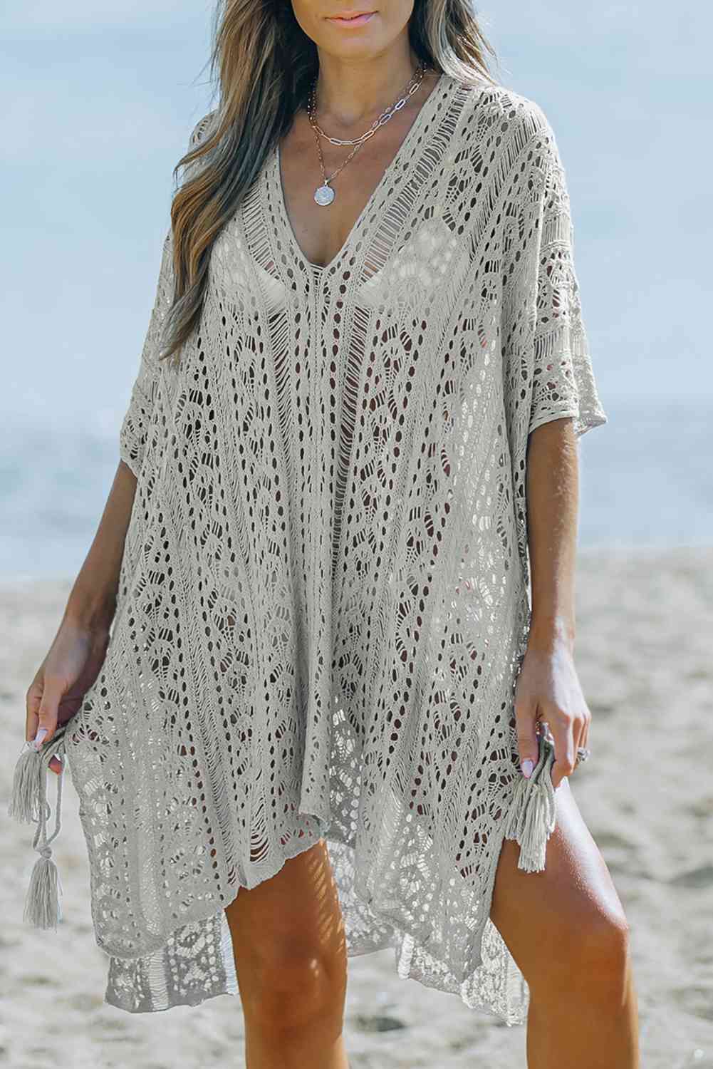 Openwork V-Neck Slit Cover Up Gray One Size