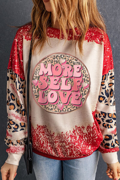 MORE SELF LOVE Leopard Round Neck Sweatshirt Deep Red