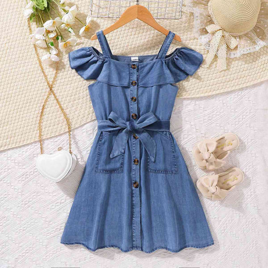 Girls Cold-Shoulder Buttoned Denim Dress Medium