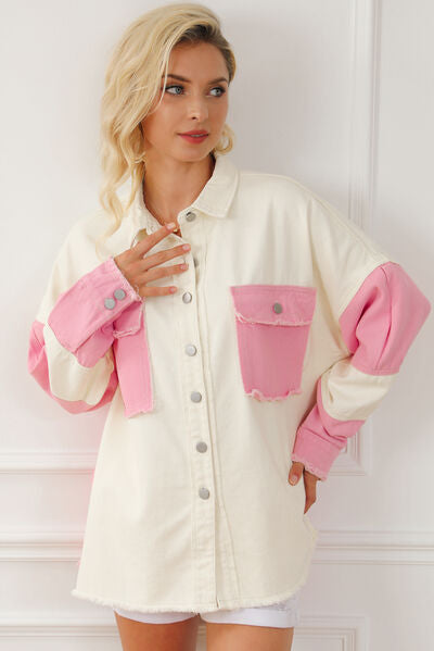 Color Block Button Up Raw Hem Denim Jacket Blush Pink
