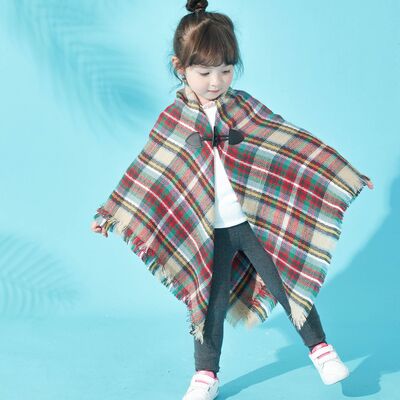 Plaid Horn Buckle Fringe Hem Shawl