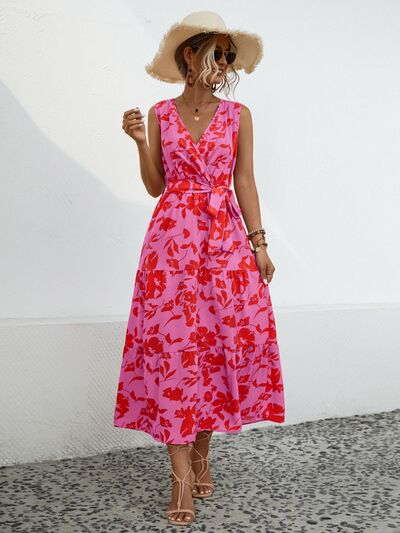 Tied Printed Surplice Tiered Dress Hot Pink