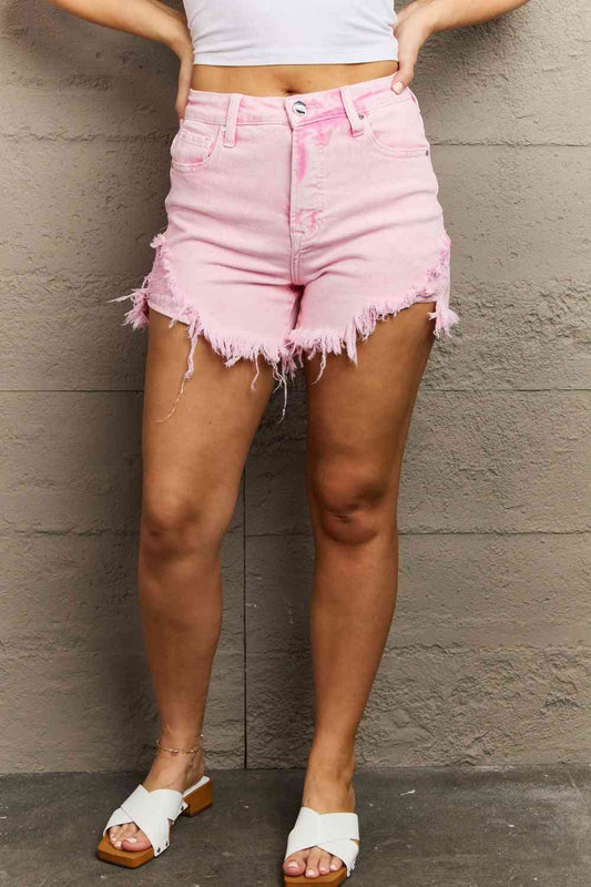 RISEN Kylie High Waist Raw Hem Shorts Acid Pink