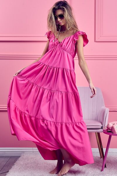 BiBi Tiered Ruffled Cap Sleeve Maxi Dress FUCHSIA