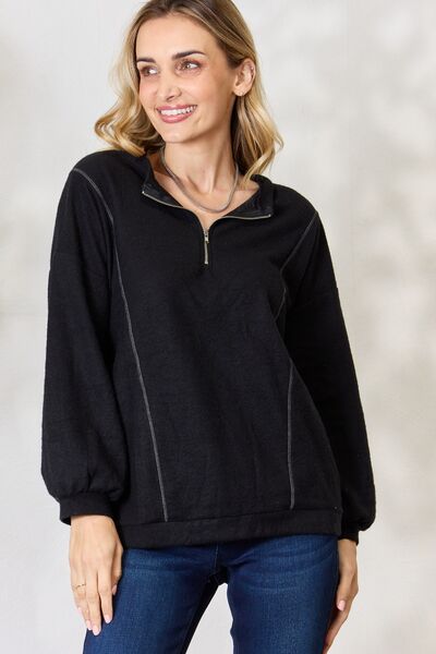 BiBi Half Zip Brushed Terry Long Sleeve Top Black