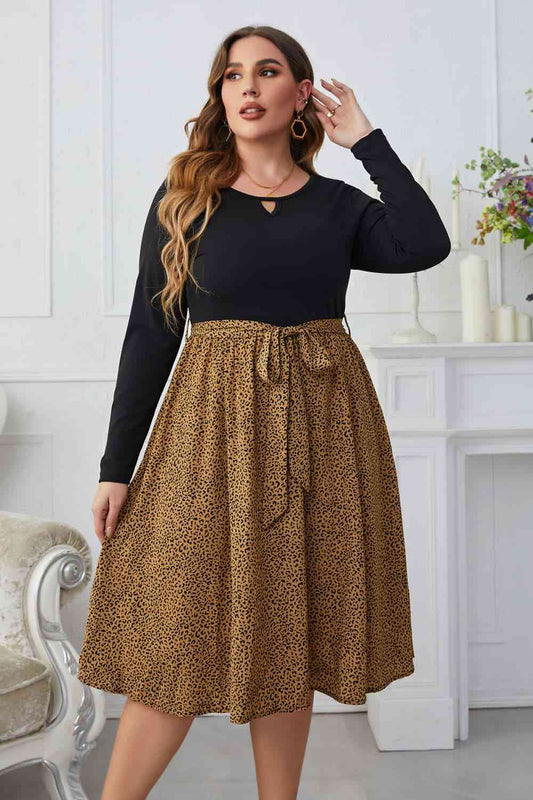 Melo Apparel Plus Size Leopard Long Sleeve Round Neck Dress Honey