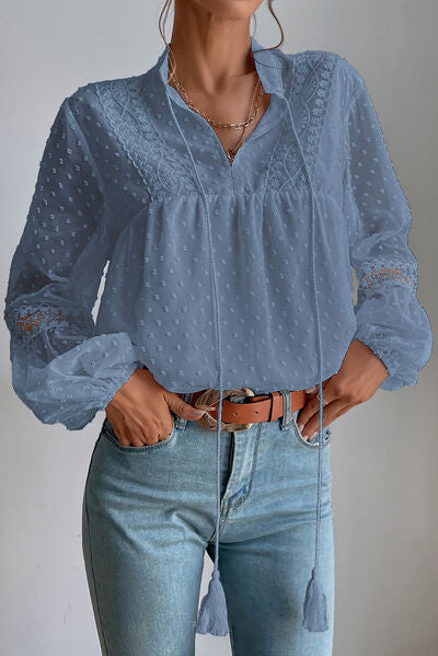 Swiss Dot Lace Detail Tie Neck Shirt Misty Blue