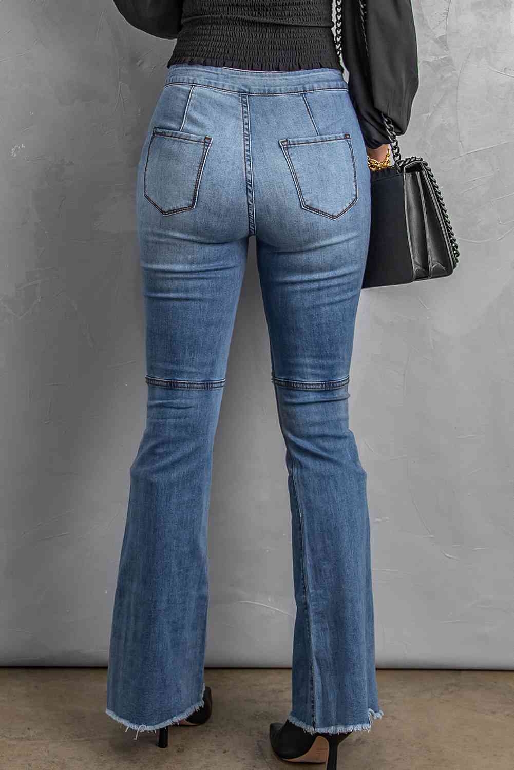 Baeful Distressed Raw Hem High-Waist Flare Jeans