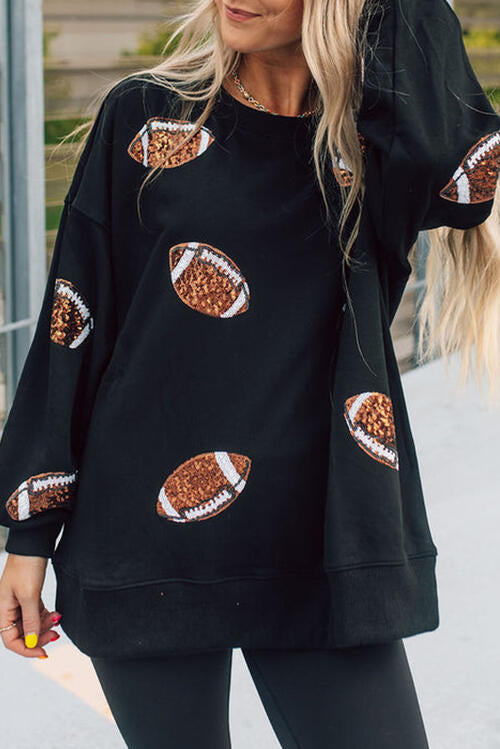 Football Sequin Patch Long Sleeve Sweatshirt Black