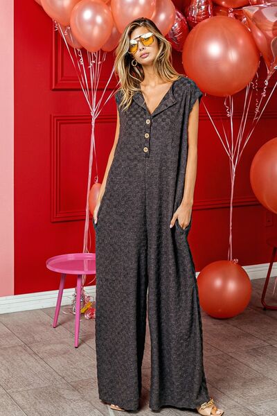 BiBi Checkered Cap Sleeve Wide Leg Jumpsuit with Pockets Black