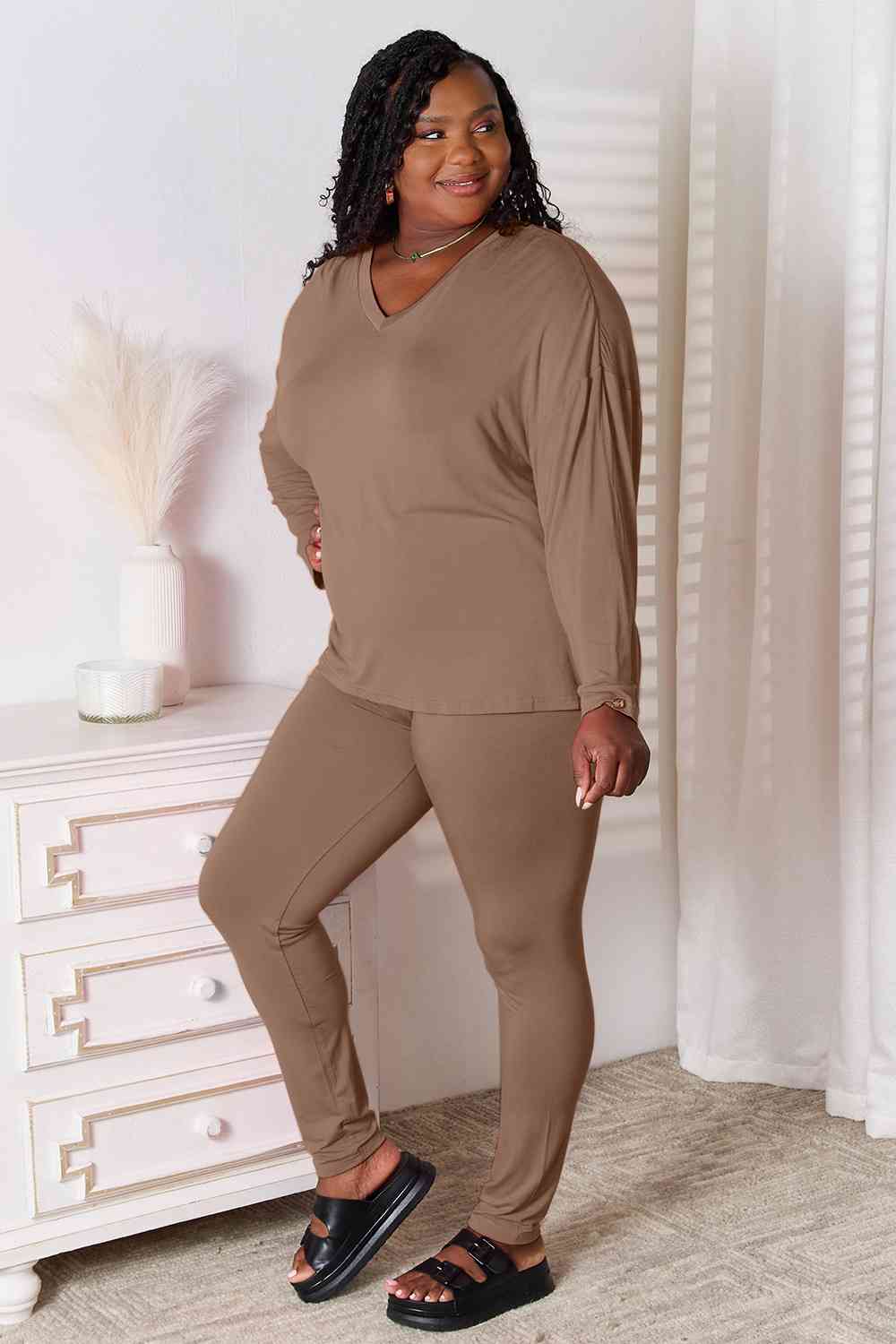 Basic Bae Full Size V-Neck Soft Rayon Long Sleeve Top and Pants Lounge Set Taupe