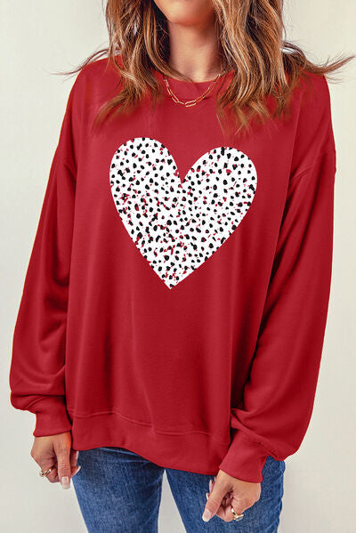 Heart Round Neck Dropped Shoulder Sweatshirt Brick Red