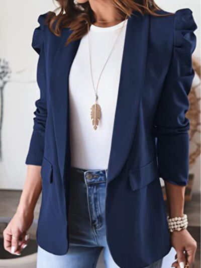 Collared Neck Puff Sleeve Blazer Navy