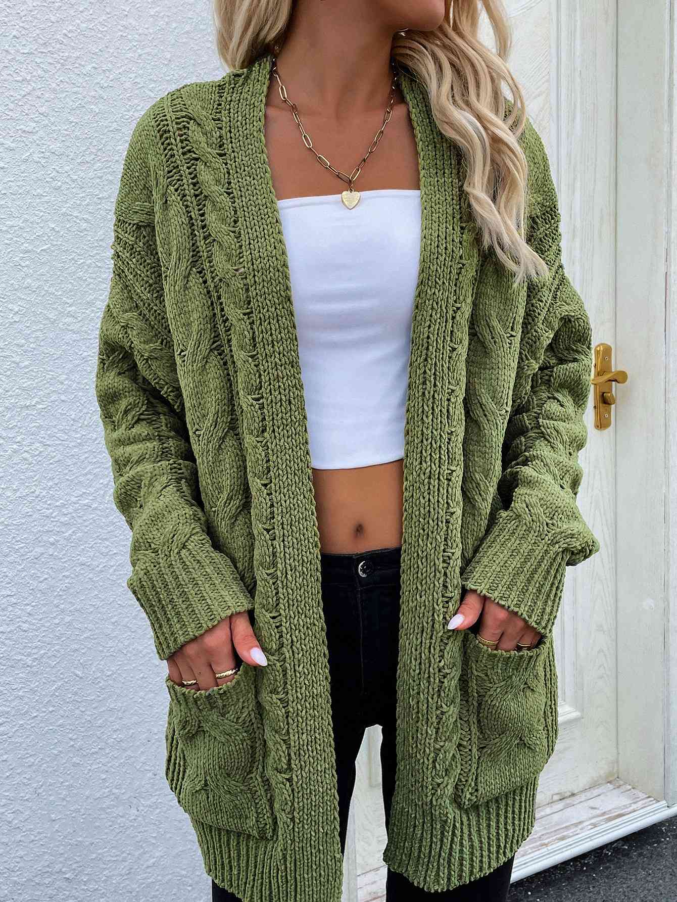 Woven Right Cable-Knit Open Front Cardigan with Front Pockets Green