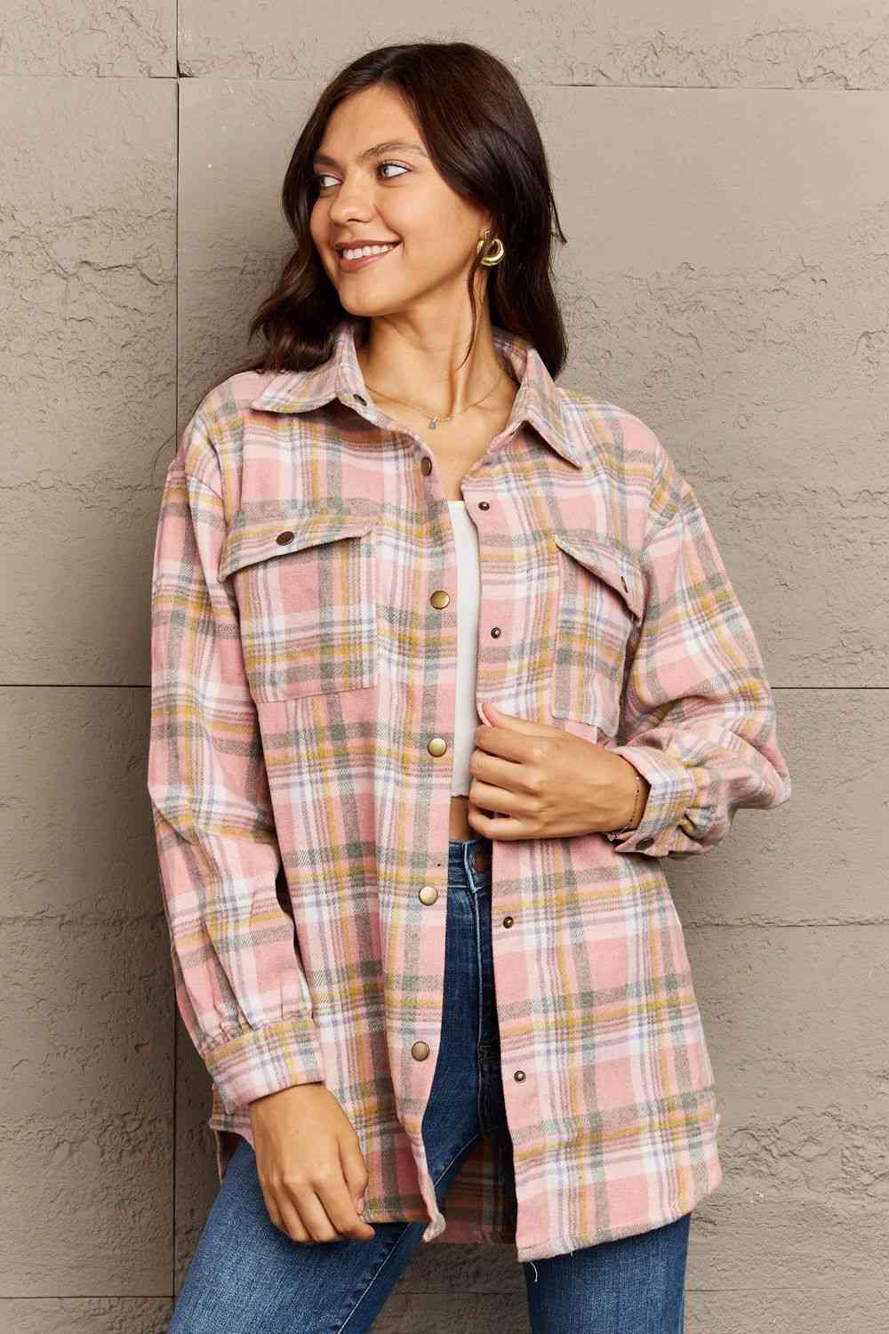 Ninexis Full Size Plaid Collared Neck Button-Down Long Sleeve Jacket Blush Pink