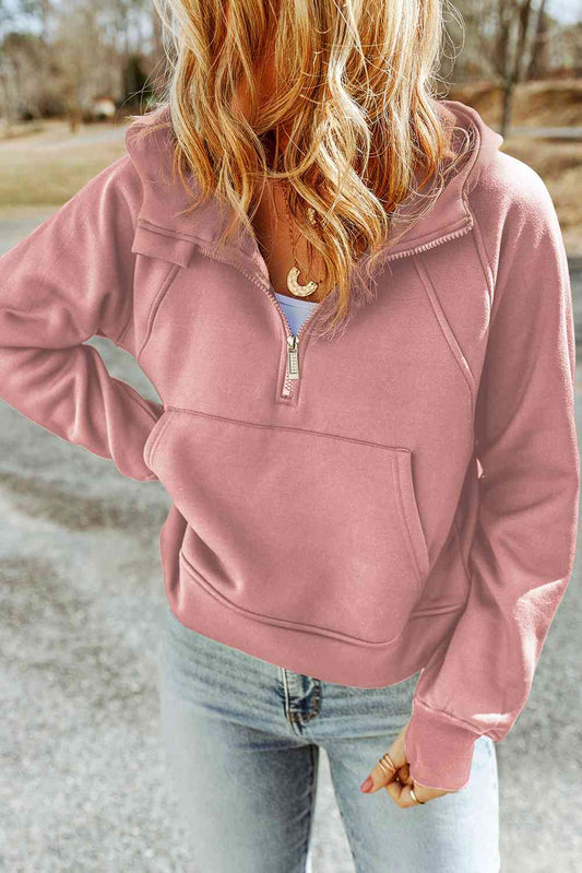 Double Take Half-Zip Thumbhole Sleeve Hoodie Blush Pink