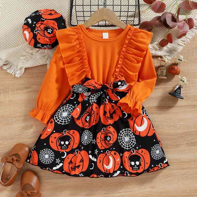 Round Neck Ruffle Trim Halloween Theme Dress Orange